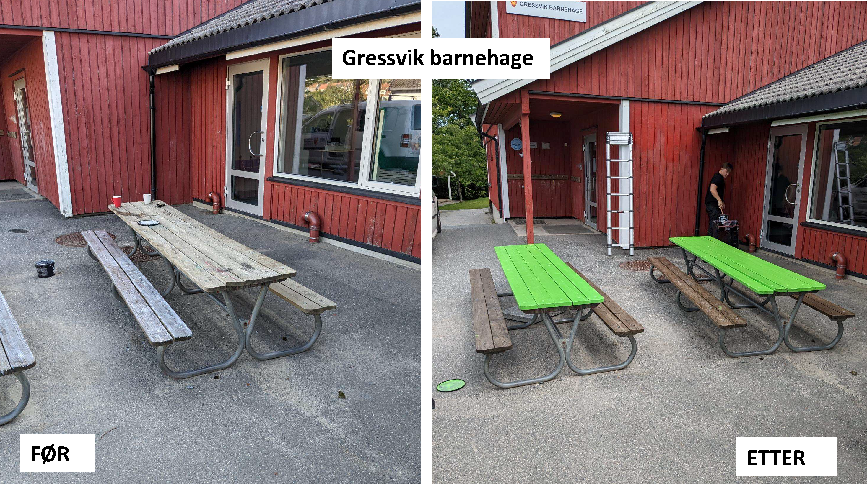 Gressvik barnehage, benker er oljet og malt