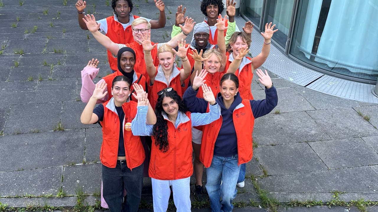 ÅRETS DEMOKRATIGUIDER: Rad 1 fra venstre: Dangi Remme (18), Raifah Tasnia Nawaz (17), og Mariam Mastwal-Olsen (18), Rad 2 fra venstre: Jaweyriya Abukar (20), Johanna Ranang (17) og Vilde Heitmann (17) Rad 3: Sturla Storemyr (25), Mohammed Jalal (22) og Ulrikke Buskop (19) Bak fra venstre: Ibrahim Abukar (18) og Sakariye Warsame (18).
