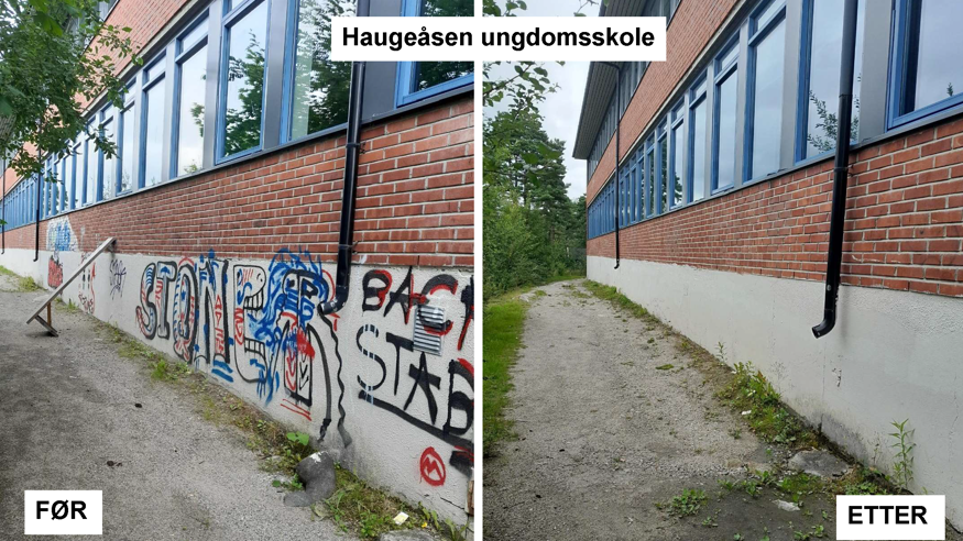 Haugeåsen ungdomsskole, maling av mur før og etter