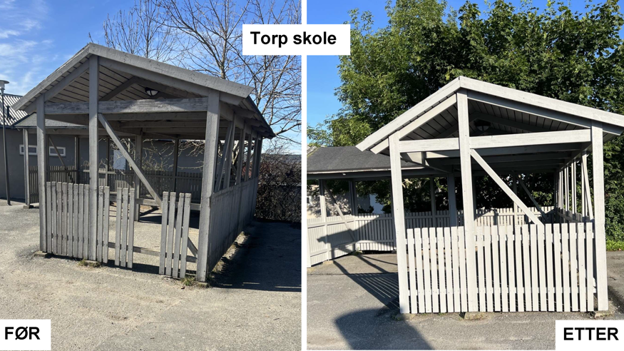 Torp skole, leskur er malt og reparert før og etter