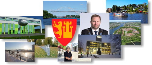 collage av diverse steder i fredrikstad, inkludert bilde av ordfører, kommunedirektør