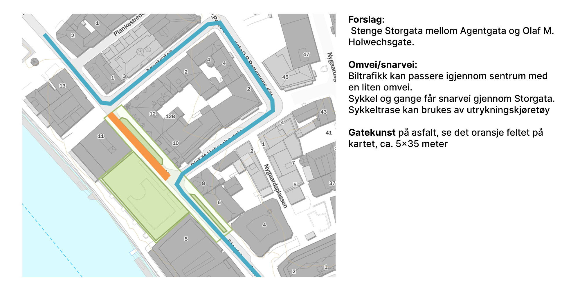 Forslag:  Stenge Storgata mellom Agentgata og Olaf M. Holwechsgate.  Omvei/snarvei: Biltrafikk kan passere igjennom sentrum med en liten omvei. Sykkel og gange får snarvei gjennom Storgata. Sykkeltrase kan brukes av utrykningskjøretøy  Gatekunst på asfalt, se det oransje feltet på kartet, ca. 5x35 meter