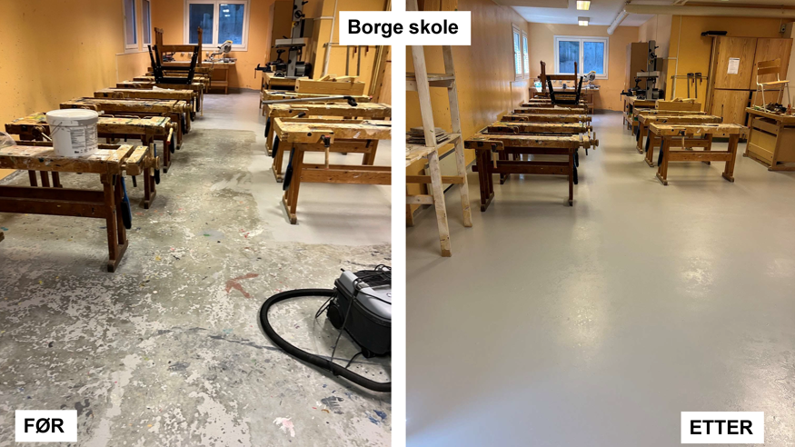 Borge skole, maling av gulv før og etter